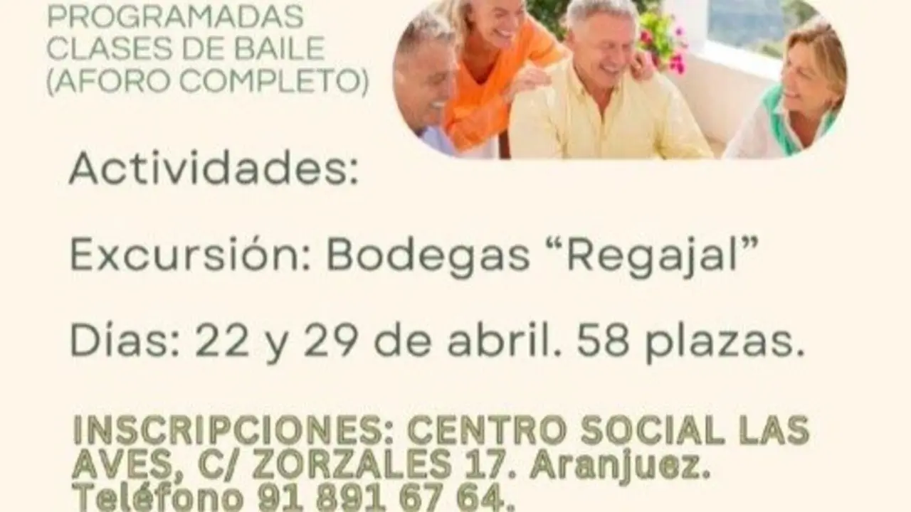 Cartel abril de la excursi&oacute;n dirigida a mayores de 60 a&ntilde;os. Imagen del Ayuntamiento de Aranjuez.