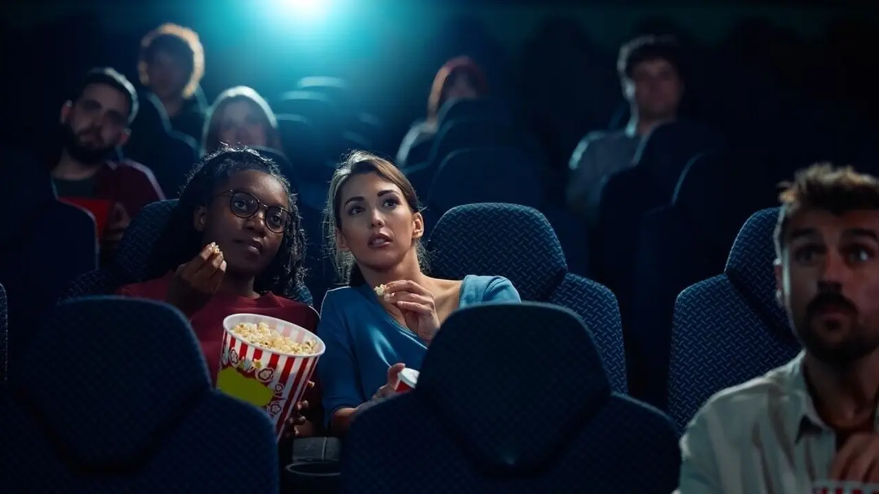 Amigas viendo una pel&iacute;cula. Imagen de archivo.