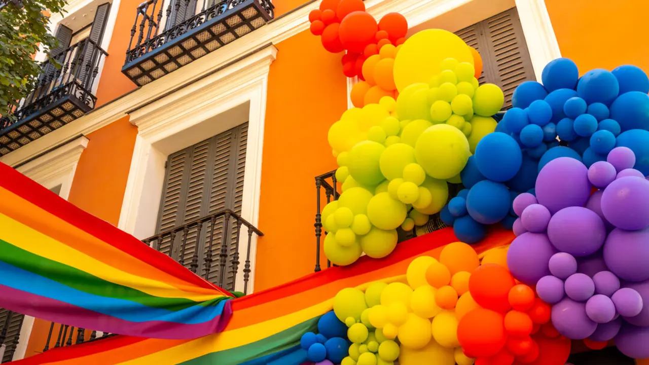 Globos de colores junto con banderas LGTBI+.