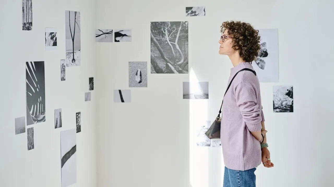 Mujer examinando una galer&iacute;a. Imagen de archivo.