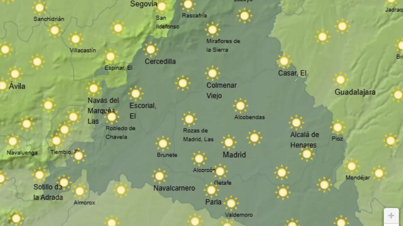 Mapa de la previsi&oacute;n meteorol&oacute;gica en la Comunidad de Madrid a 16 de junio de 2025. Fuente: AEMET.