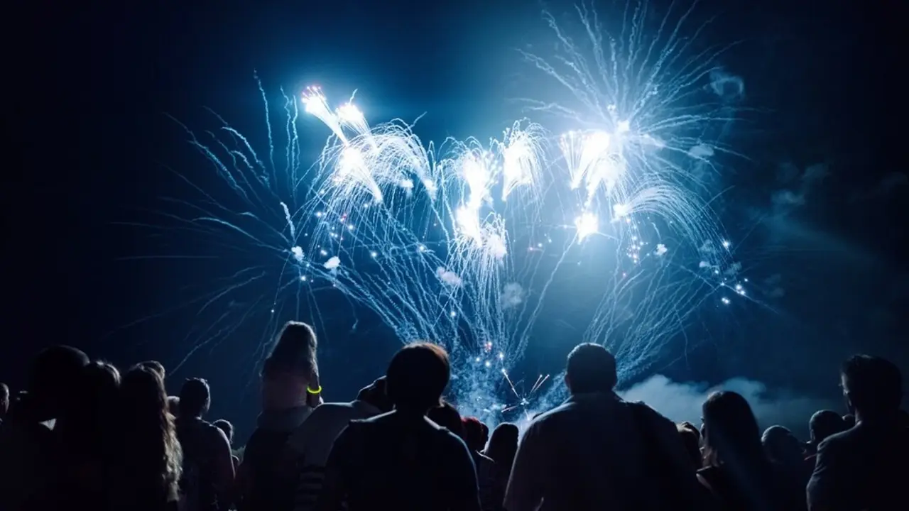 Una multitud apreciando los fuegos artificiales. Imagen de archivo.