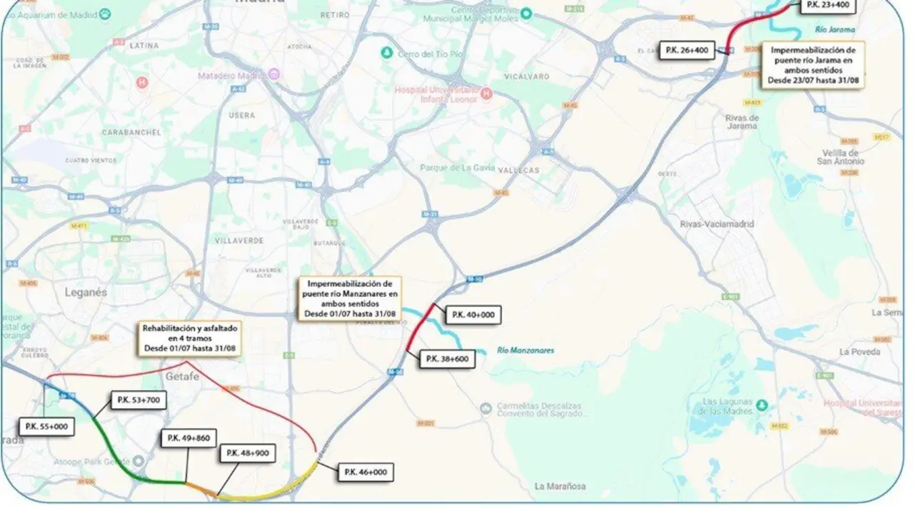 Cortes de tr&aacute;fico en verano en la Comunidad por obras: M-50, ramal de acceso de M-40 A A-4, A-42 y M-607. Imagen de EP.