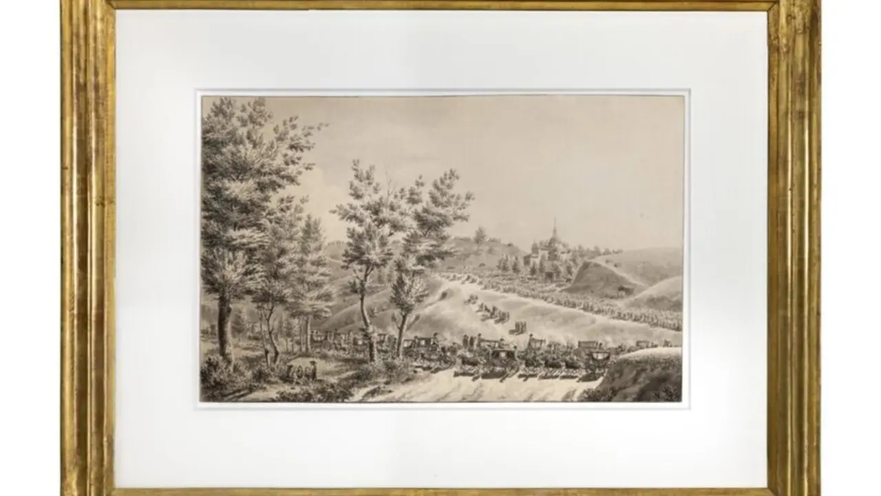 El dibujo an&oacute;nimo Vista de la ermita y fiesta de San Isidro en Madrid, del XIX. Imagen de la Comunidad de Madrid.
