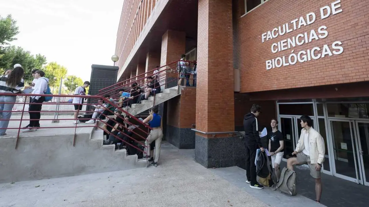 Estudiantes antes del inicio de los ex&aacute;menes, durante el primer d&iacute;a de la Evaluaci&oacute;n de Acceso a la Universidad (EvAU), en la Facultad de Ciencias Biol&oacute;gicas de la Universidad Complutense de Madrid. EP.