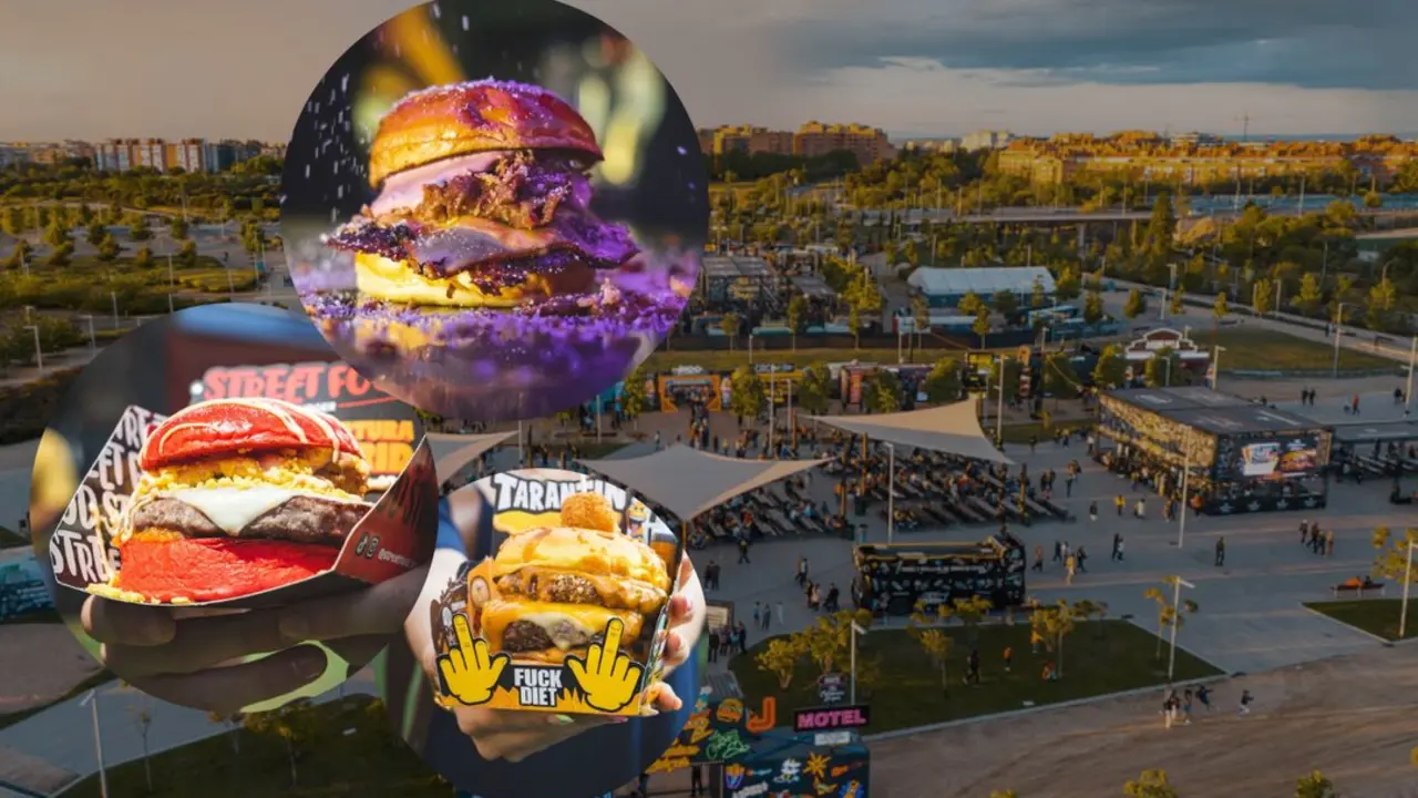 El recinto ferial de Legan&eacute;s con tres de las hamburguesas participantes.