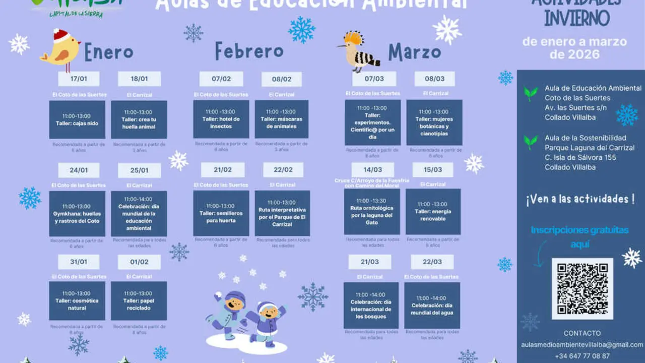 Calendario de actividades en las Aulas de Naturaleza de Collado Villalba.