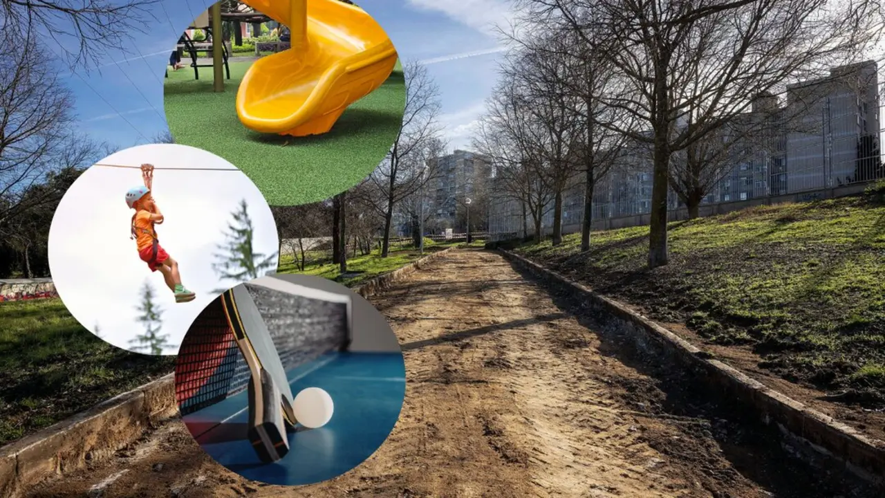 El terreno del nuevo parque, imagen cedida por el Ayuntamiento de Madrid, y alguno de los elementos que habr&aacute; en &eacute;l.