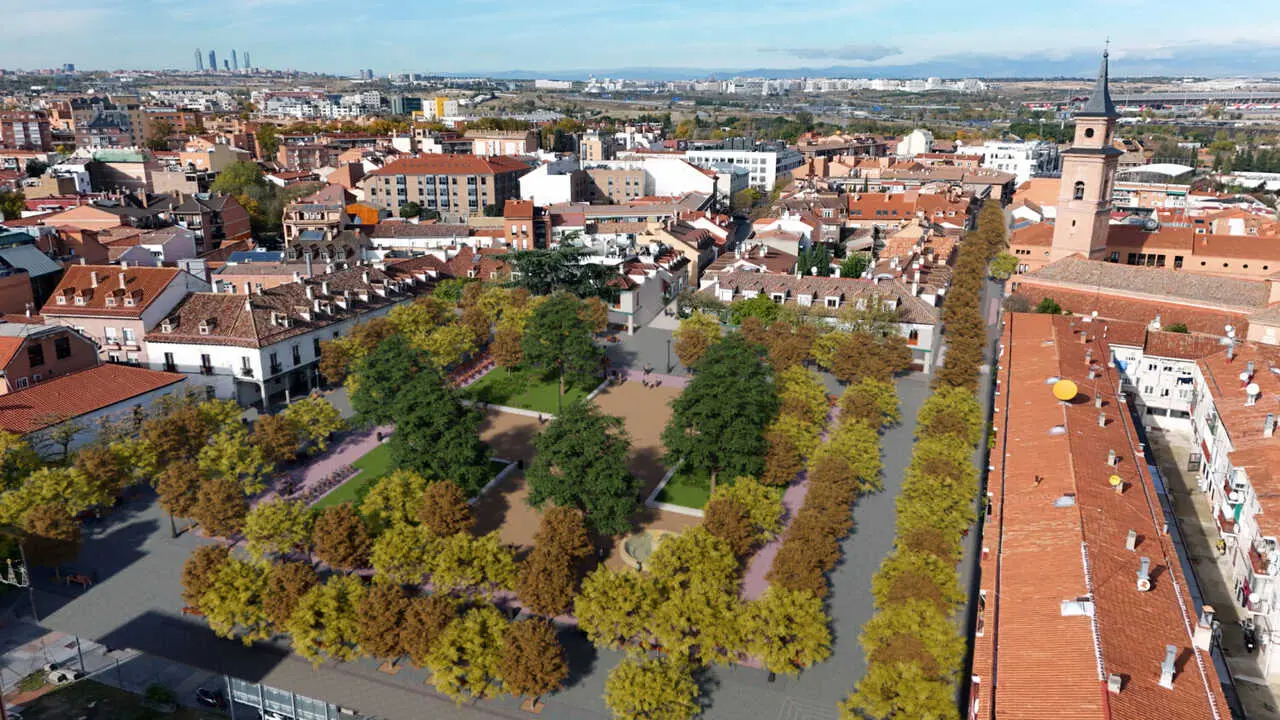 Simulaci&oacute;n del aspecto que tendr&aacute; la Plaza Mayor de Barajas tras su remodelaci&oacute;n. Imagen del Diario de Madrid.
