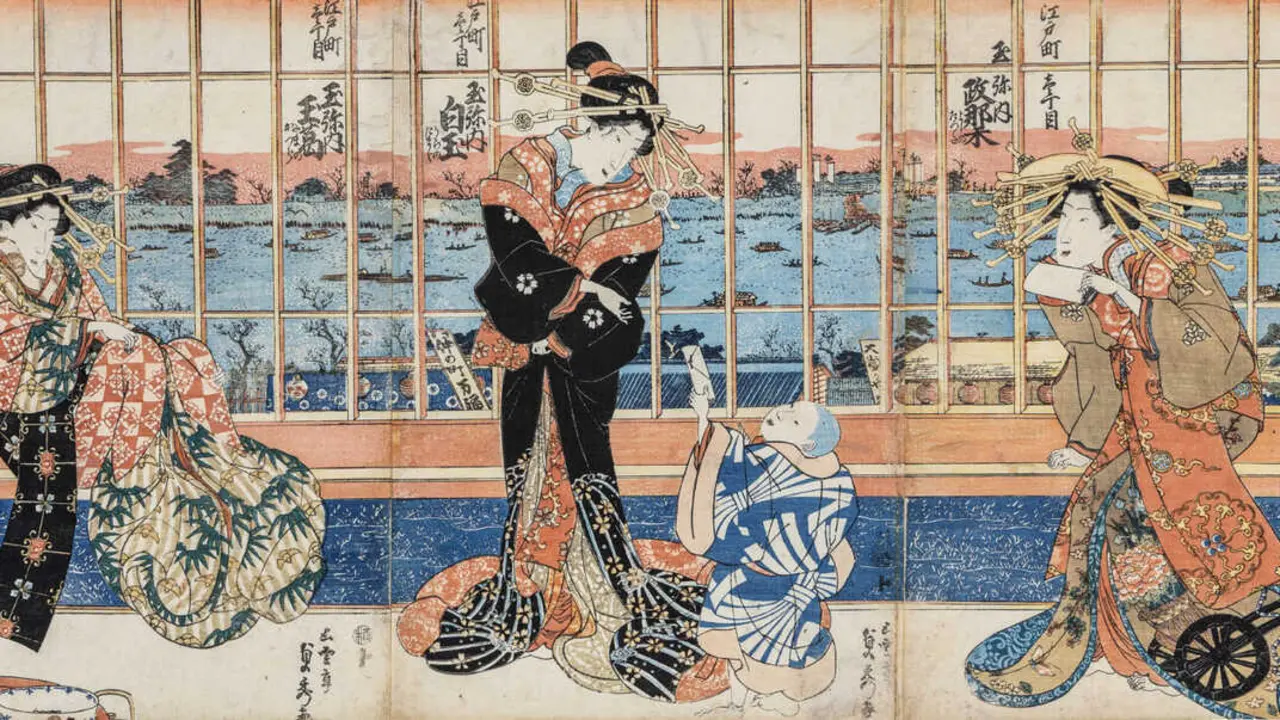 Utagawa Sadahide (1807-1873) Cortesanas de la Casa Tamaya sita en Edo-machi icchōme. Serie &lsquo;Aposentos temporales de Shin Yoshiwara&rsquo;, 1843-1847. Imagen del Ayuntamiento de Madrid.