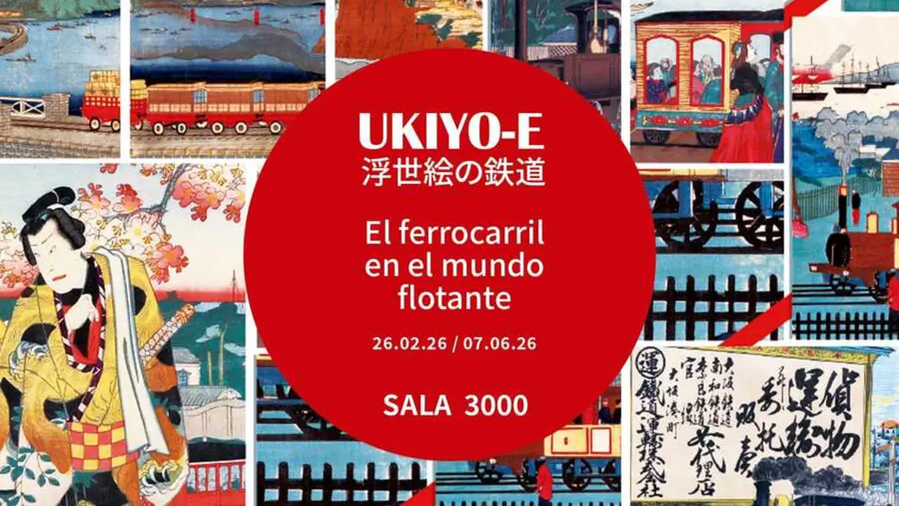 Cartel de la exposici&oacute;n 'Ukiyo-e. El ferrocarril en el mundo flotante'. Imagen de Museo del Ferrocarril.