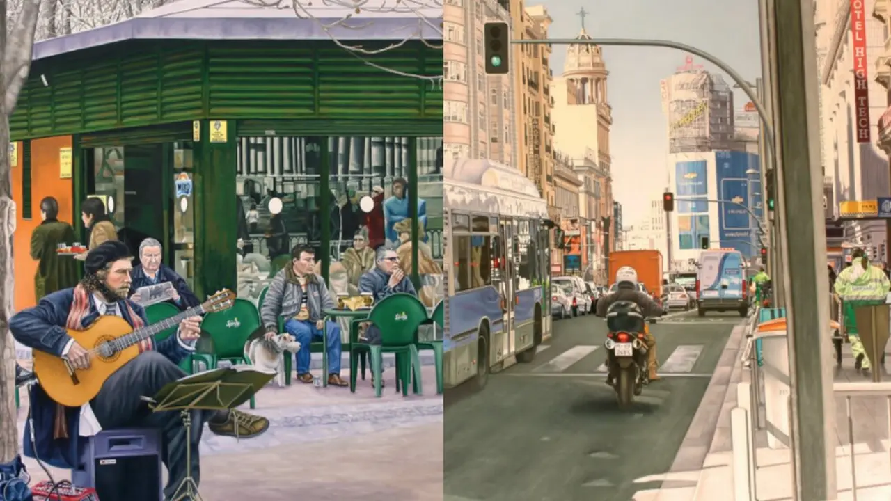 'Guitarrista en kiosko en el parque del Retiro' y 'La Gran V&iacute;a desde la Plaza de Callao hasta el Edificio Telef&oacute;nica'. Im&aacute;genes cedidas por el Museo de Historia de Madrid.