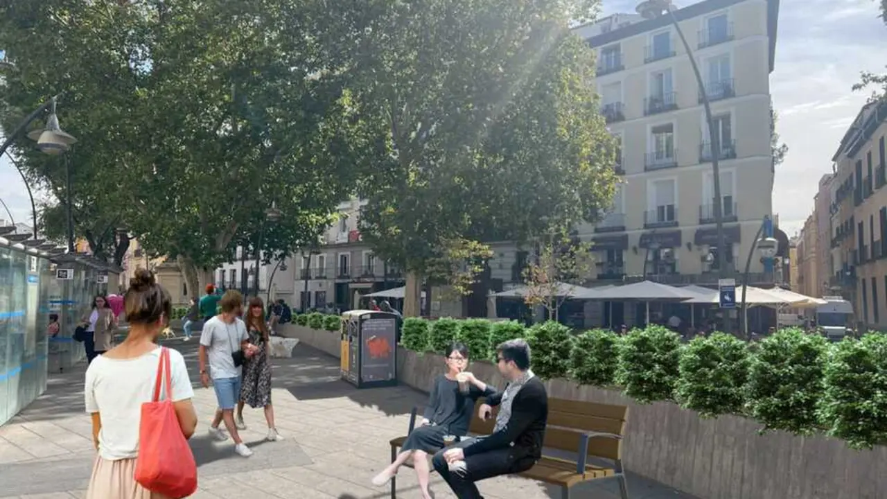 Render de la plaza de Tirso de Molina en la que se ve c&oacute;mo quedar&aacute; tras su rehabilitaci&oacute;n. Imagen del Ayuntamiento de Madrid.