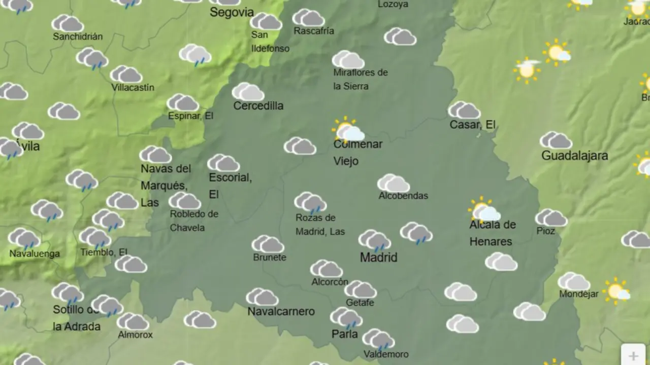 Mapa de la previsi&oacute;n meteorol&oacute;gica en la Comunidad de Madrid a 08 de abril de 2026. Fuente: AEMET.