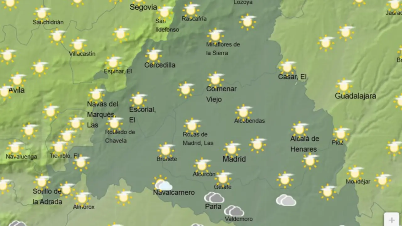 Mapa de la previsi&oacute;n meteorol&oacute;gica en la Comunidad de Madrid a 09 de abril de 2026. Fuente: AEMET.