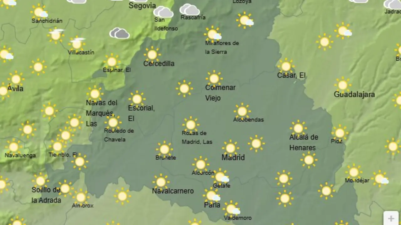 Mapa de la previsi&oacute;n meteorol&oacute;gica en la Comunidad de Madrid a 10 de abril de 2026. Fuente: AEMET.