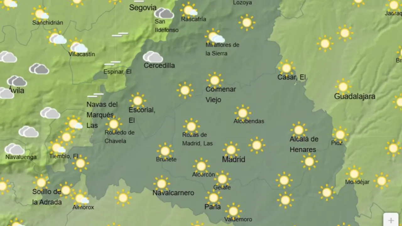 Mapa de la previsi&oacute;n meteorol&oacute;gica en la Comunidad de Madrid a 13 de abril de 2026. Fuente: AEMET.