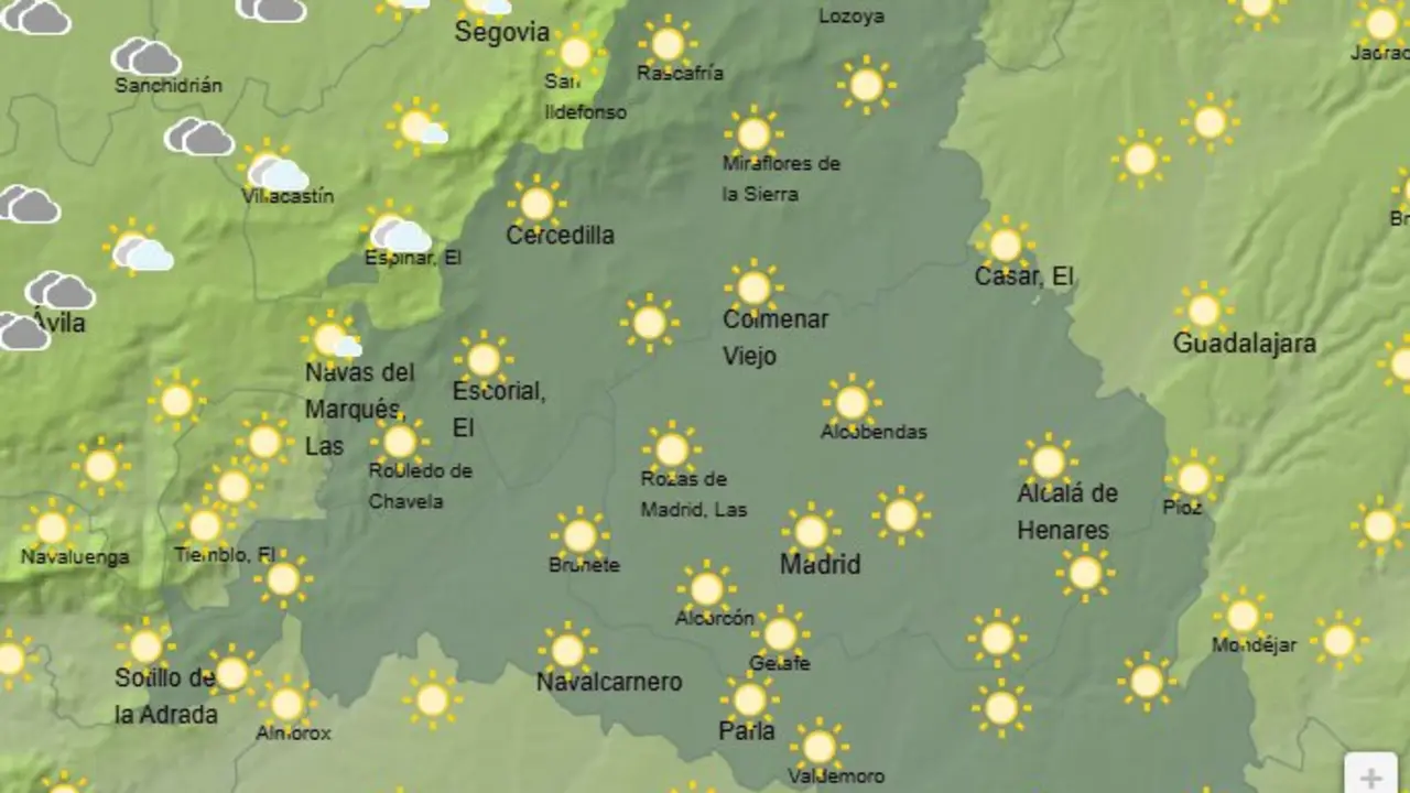 Mapa de la previsi&oacute;n meteorol&oacute;gica en la Comunidad de Madrid a 15 de abril de 2026. Fuente: AEMET.