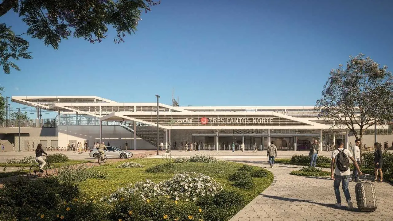 Recreaci&oacute;n de la futura estaci&oacute;n de Cercan&iacute;as de Tres Cantos Norte. Imagen del Ministerio de Transportes.