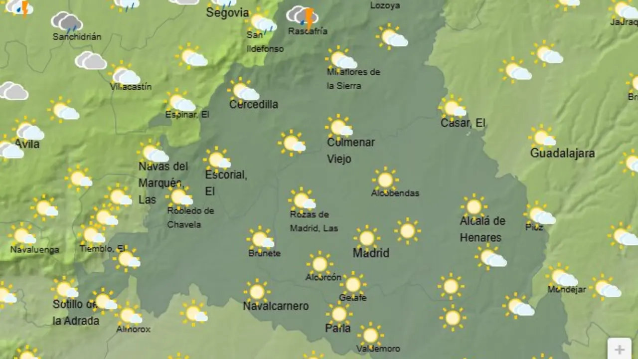 Mapa de la previsi&oacute;n meteorol&oacute;gica en la Comunidad de Madrid a 17 de abril de 2026. Fuente: AEMET.