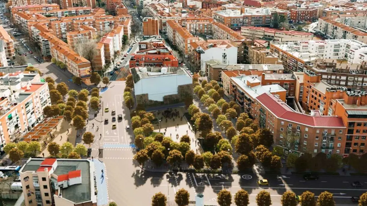 La plaza de Oporto, en Carabanchel, vivir&aacute; su "gran transformaci&oacute;n", con m&aacute;s de 100 &aacute;rboles y un carril bici. Imagen recreada del Ayuntamiento de Madrid.