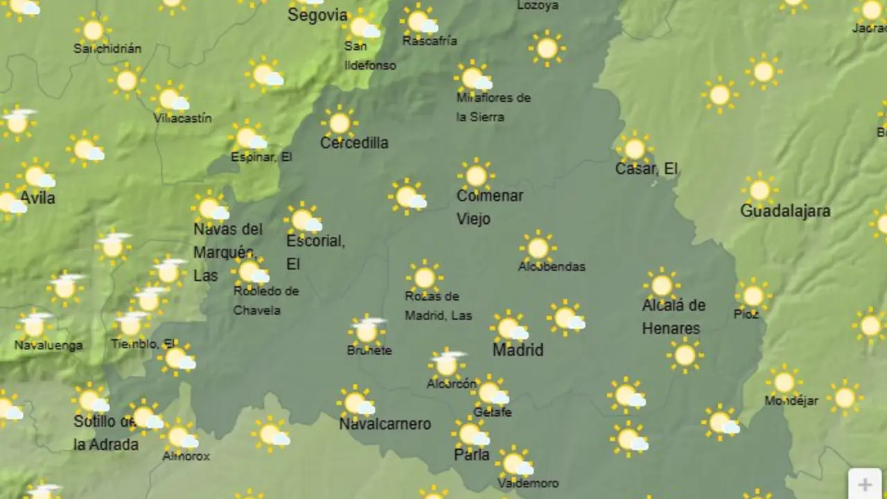 Mapa de la previsi&oacute;n meteorol&oacute;gica en la Comunidad de Madrid a 20 de abril de 2026. Fuente: AEMET.