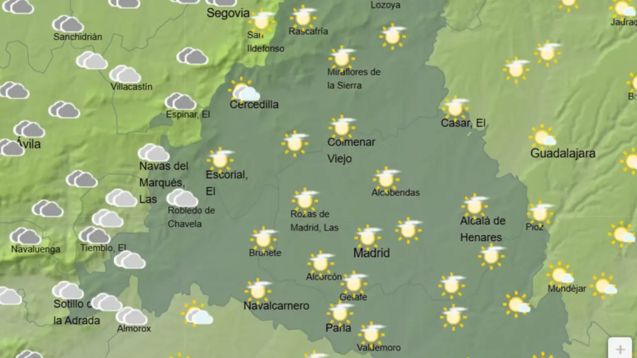 Mapa de la previsi&oacute;n meteorol&oacute;gica en la Comunidad de Madrid a 21 de abril de 2026. Fuente: AEMET.