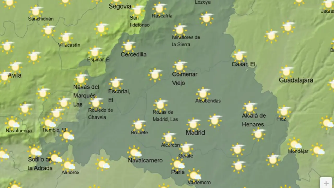 Mapa de la previsi&oacute;n meteorol&oacute;gica en la Comunidad de Madrid a 22 de abril de 2026. Fuente: AEMET.