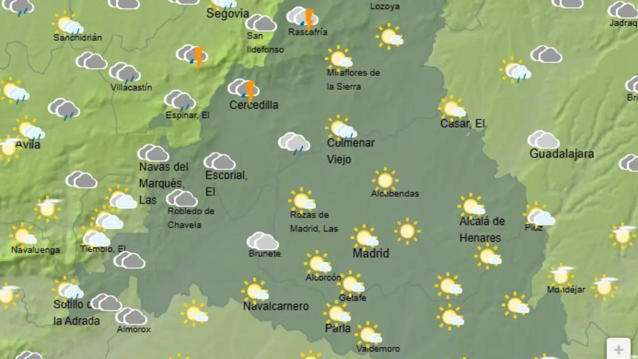 Mapa de la previsi&oacute;n meteorol&oacute;gica en la Comunidad de Madrid a 24 de abril de 2026. Fuente: AEMET.