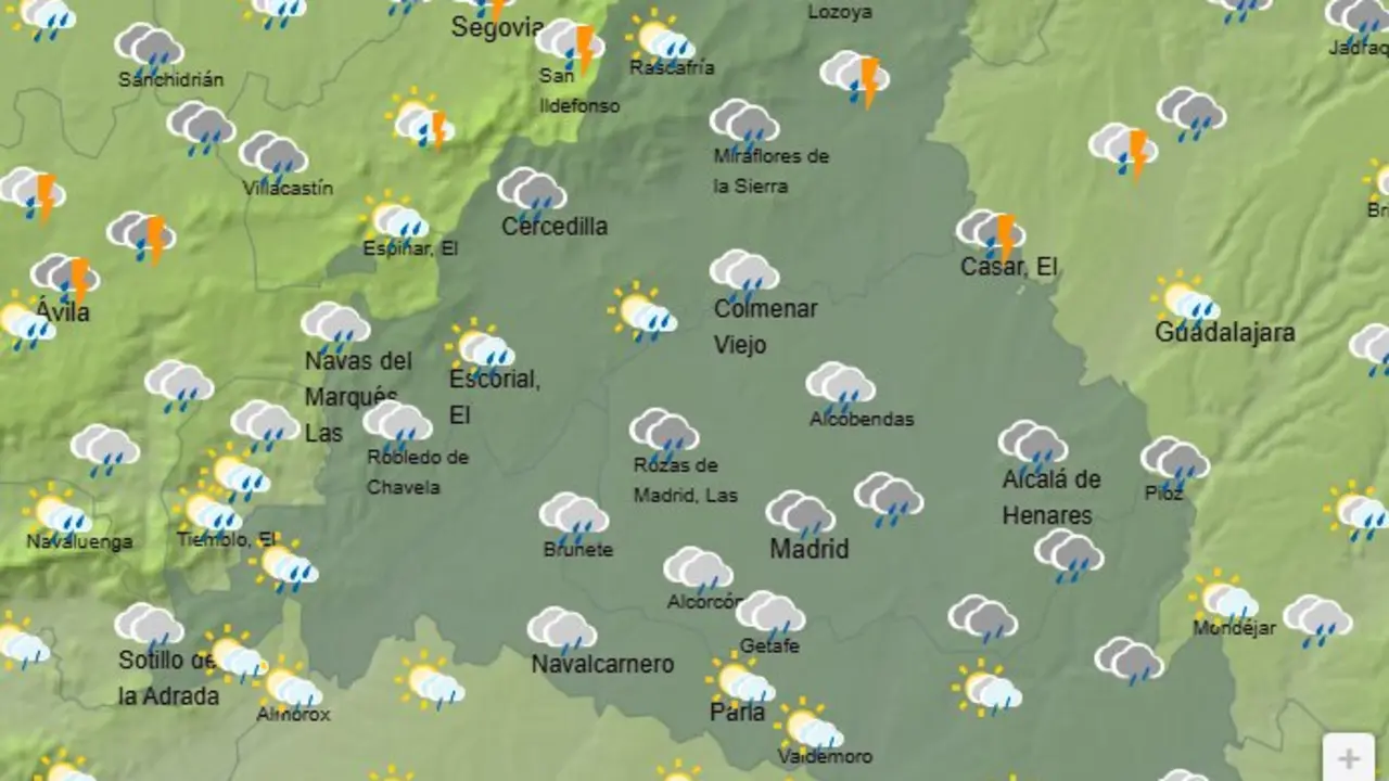 Mapa de la previsi&oacute;n meteorol&oacute;gica en la Comunidad de Madrid a 25 de abril de 2026. Fuente: AEMET.