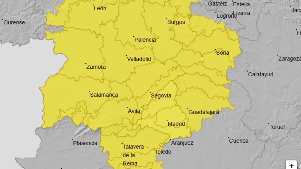 Mapa de la previsi&oacute;n de avisos amarillos de la Pen&iacute;nsula a 25 de abril de 2026. Fuente: AEMET.