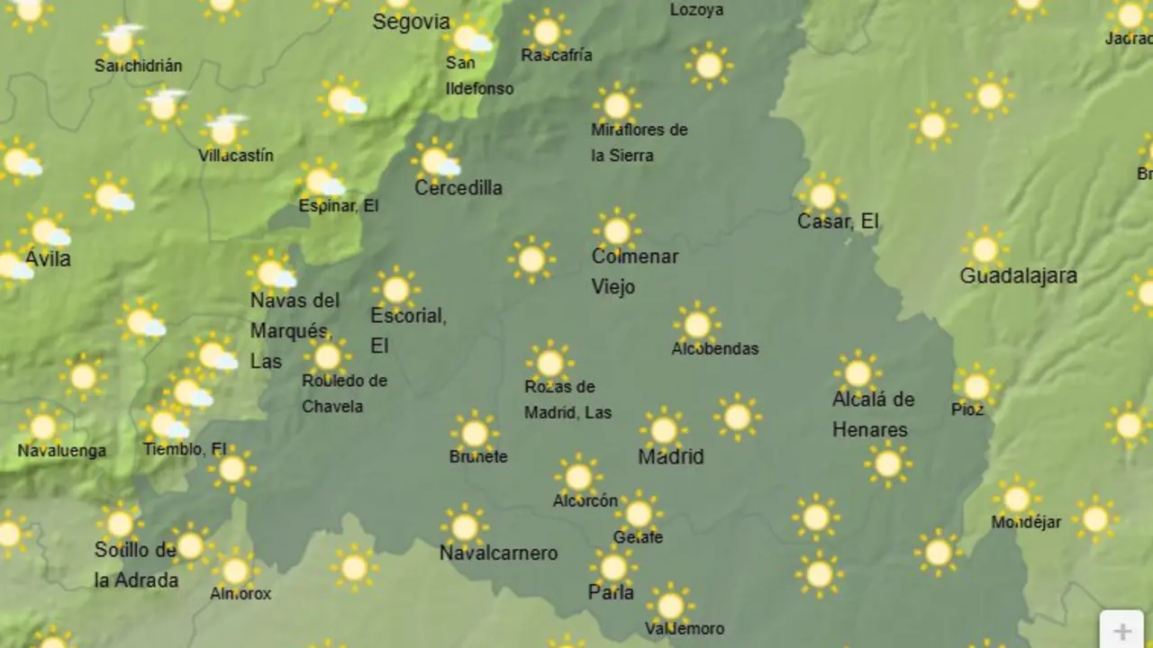 Mapa de la previsi&oacute;n meteorol&oacute;gica en la Comunidad de Madrid a 27 de abril de 2026. Fuente: AEMET.