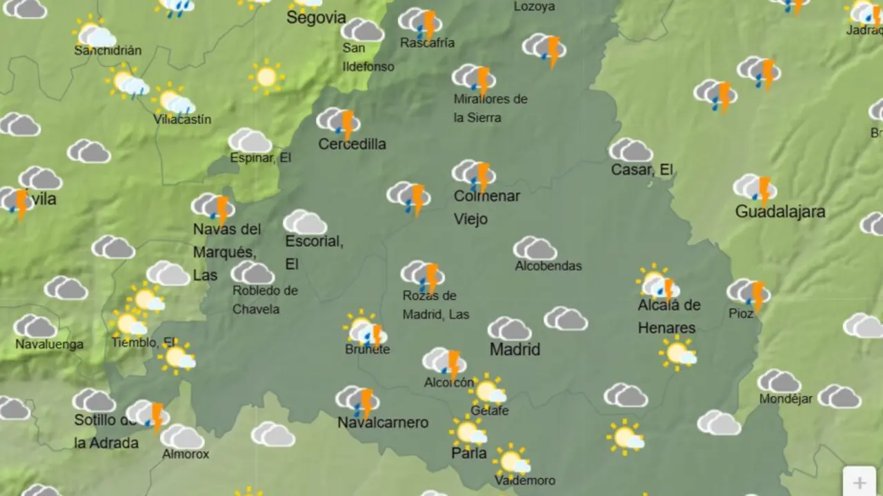 Mapa de la previsi&oacute;n meteorol&oacute;gica en la Comunidad de Madrid a 28 de abril de 2026. Fuente: AEMET.