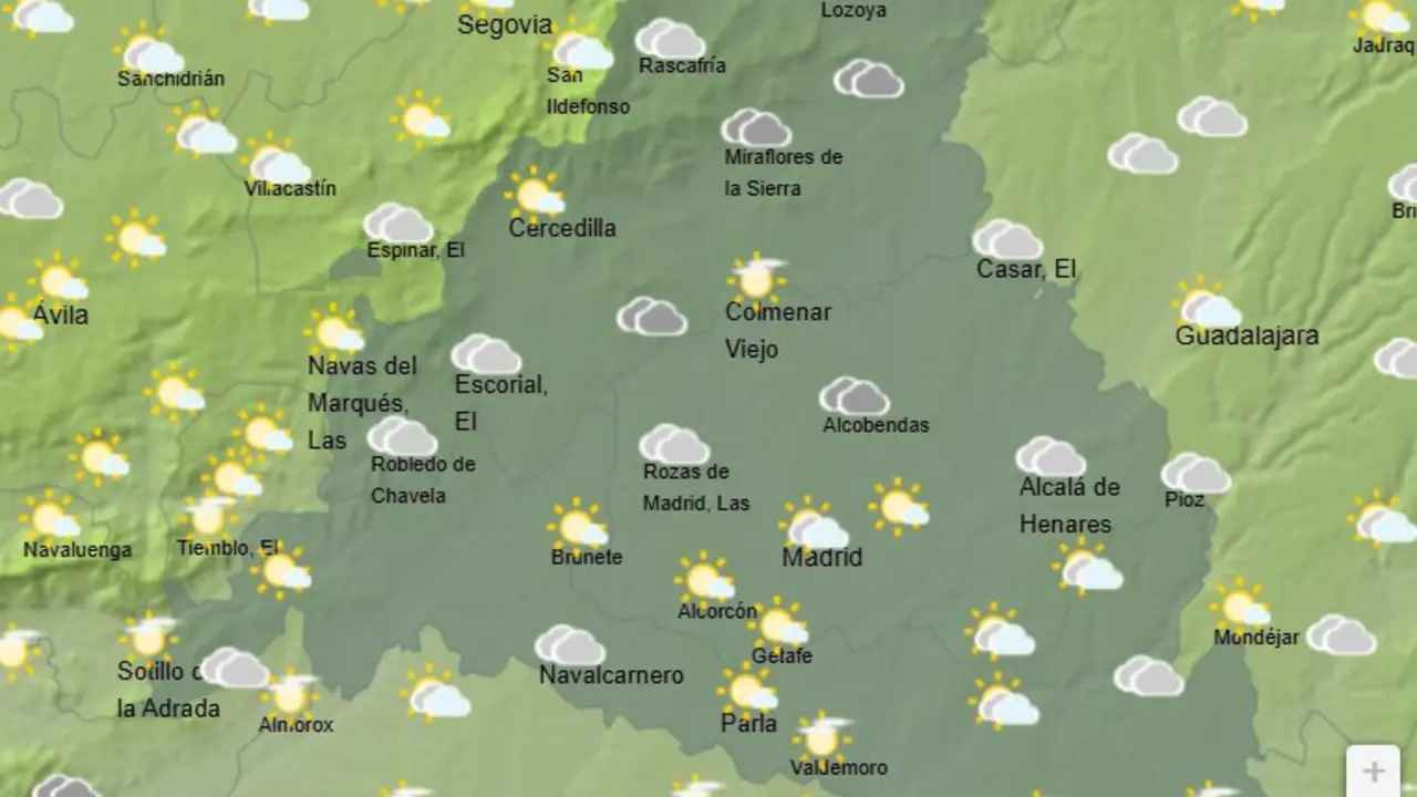 Mapa de la previsi&oacute;n meteorol&oacute;gica en la Comunidad de Madrid a 30 de abril de 2026. Fuente: AEMET.