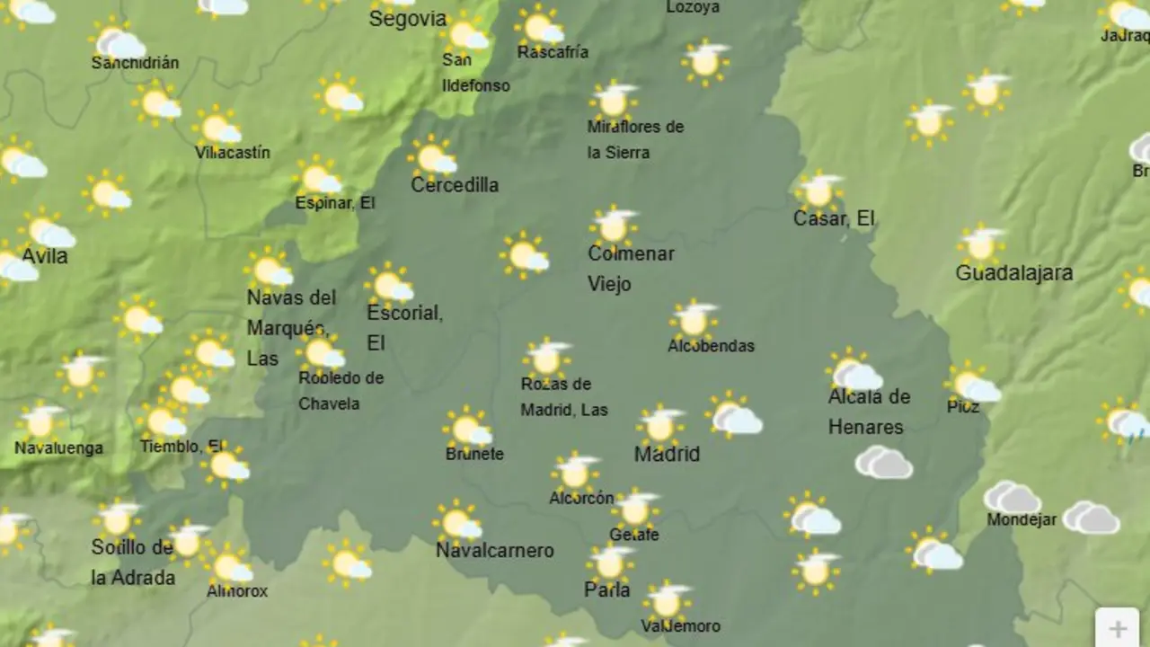 Mapa de la previsi&oacute;n meteorol&oacute;gica en la Comunidad de Madrid a 01 de mayo de 2026. Fuente: AEMET.