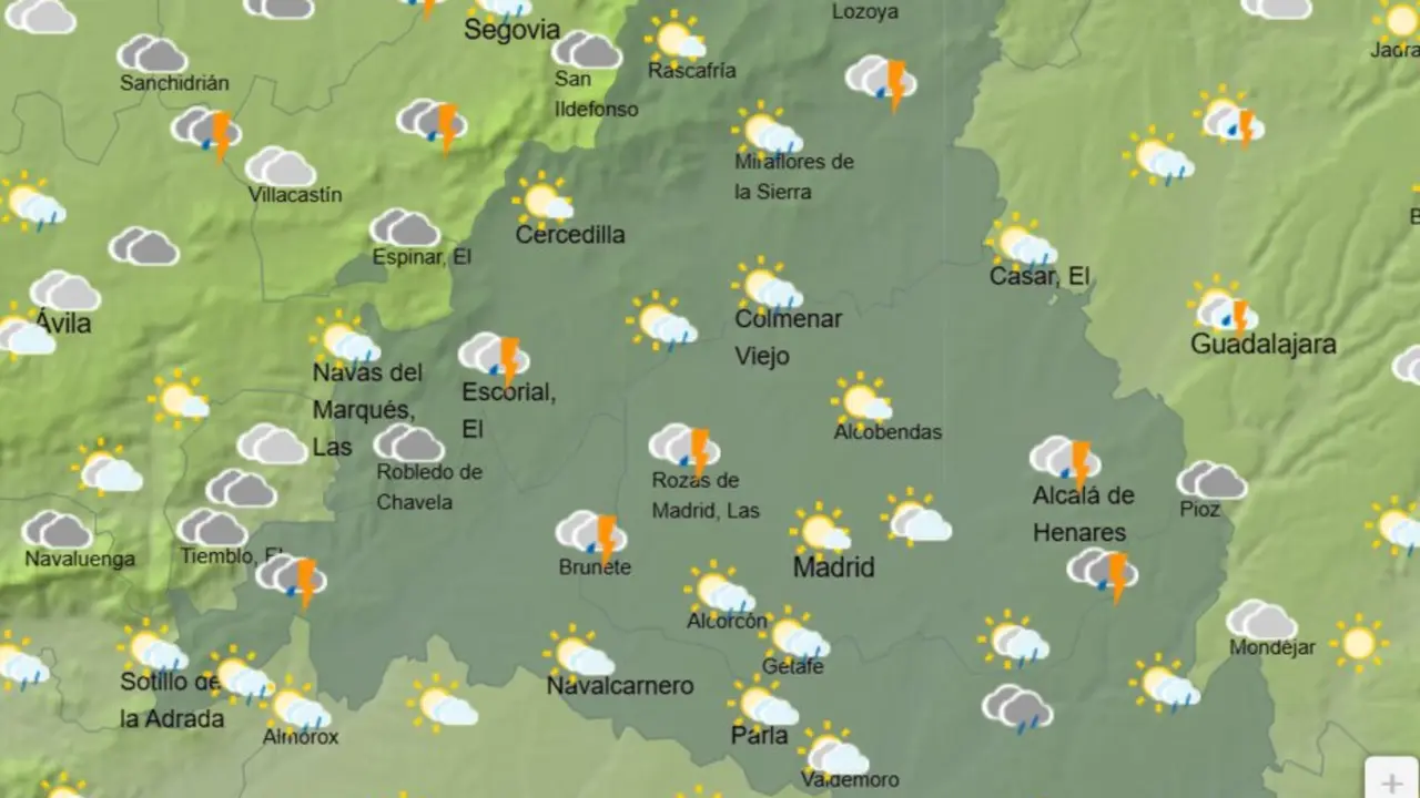 Mapa de la previsi&oacute;n meteorol&oacute;gica en la Comunidad de Madrid a 04 de mayo de 2026. Fuente: AEMET.