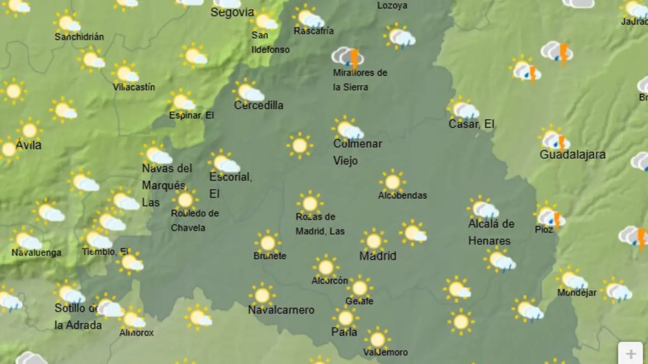 Mapa de la previsi&oacute;n meteorol&oacute;gica en la Comunidad de Madrid a 05 de mayo de 2026. Fuente: AEMET.