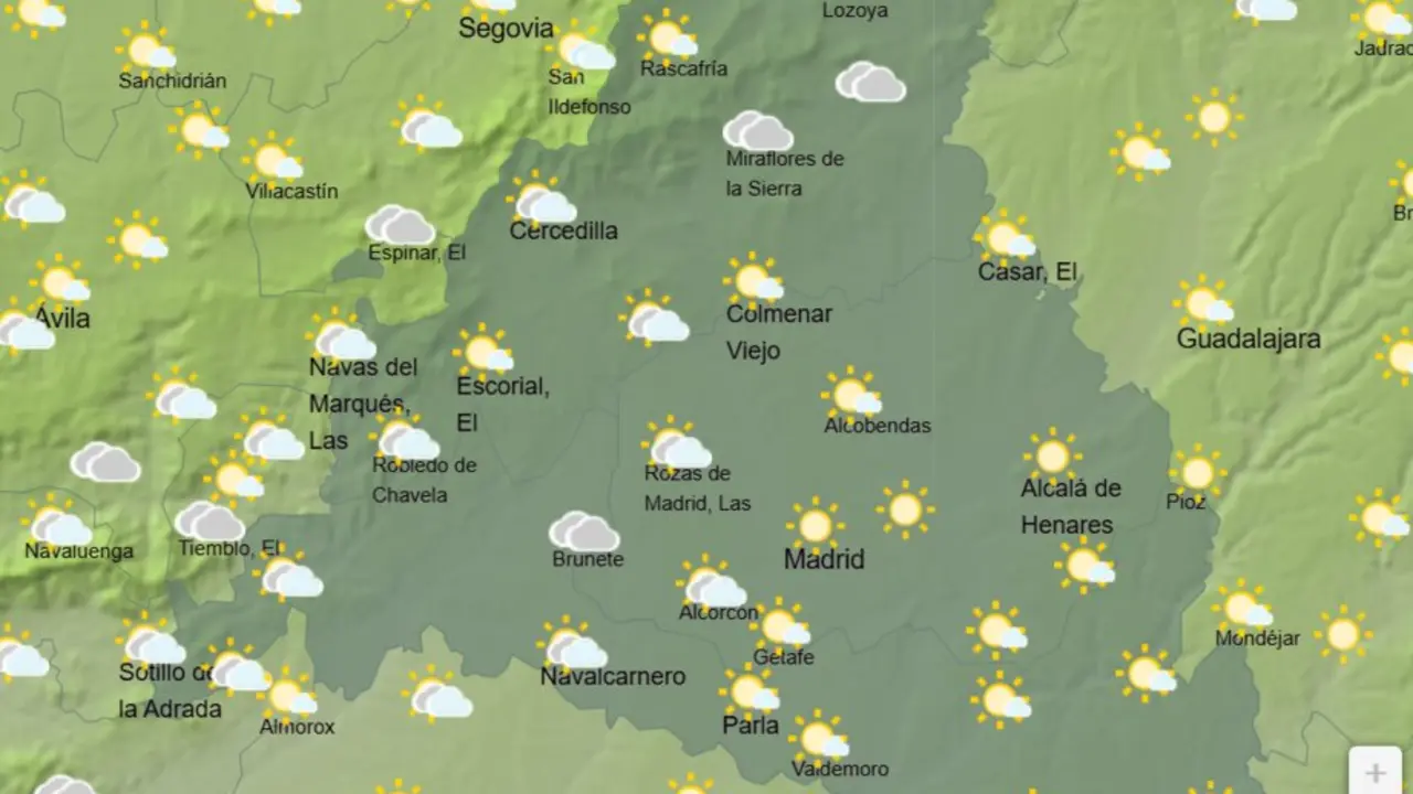 Mapa de la previsi&oacute;n meteorol&oacute;gica en la Comunidad de Madrid a 05 de mayo de 2026. Fuente: AEMET.