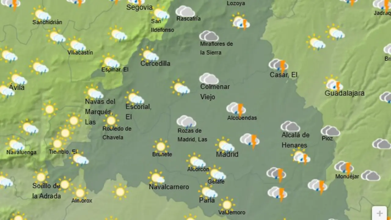 Mapa de la previsi&oacute;n meteorol&oacute;gica en la Comunidad de Madrid a 07 de mayo de 2026. Fuente: AEMET.