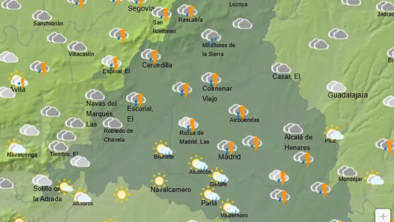 Mapa de la previsi&oacute;n meteorol&oacute;gica en la Comunidad de Madrid a 08 de mayo de 2026. Fuente: AEMET.