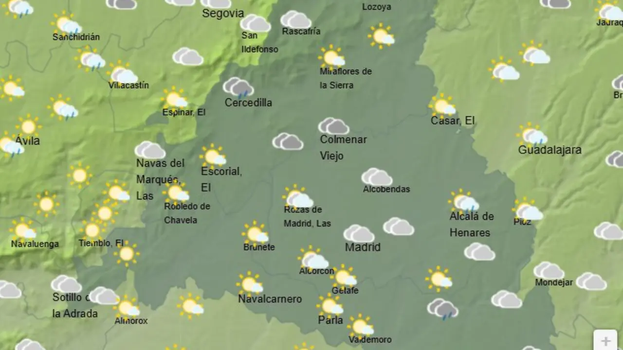 Mapa de la previsi&oacute;n meteorol&oacute;gica en la Comunidad de Madrid a 11 de mayo de 2026. Fuente: AEMET.