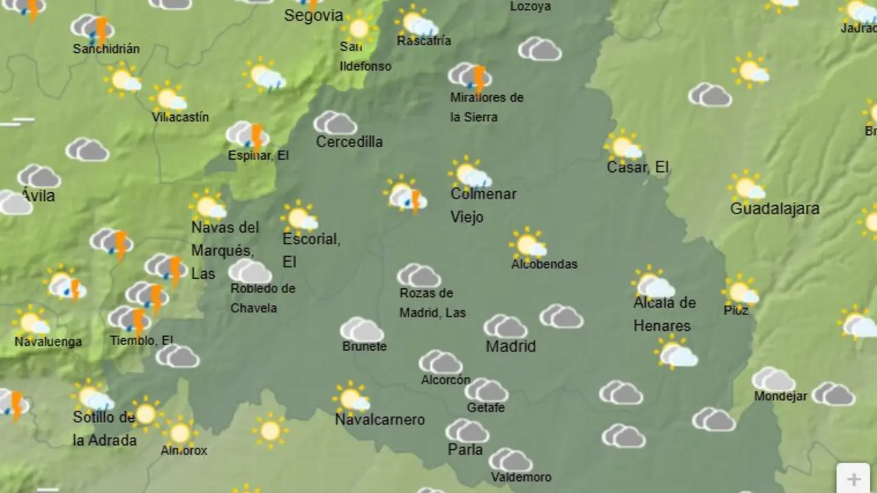 Mapa de la previsi&oacute;n meteorol&oacute;gica en la Comunidad de Madrid a 12 de mayo de 2026. Fuente: AEMET.