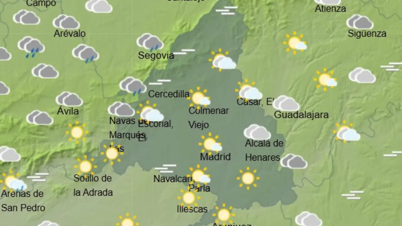 Mapa de la previsi&oacute;n meteorol&oacute;gica en la Comunidad de Madrid a 12 de mayo de 2026. Fuente: AEMET.