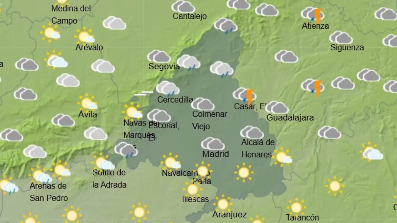 Mapa de la previsi&oacute;n meteorol&oacute;gica en la Comunidad de Madrid a 15 de mayo de 2026. Fuente: AEMET.