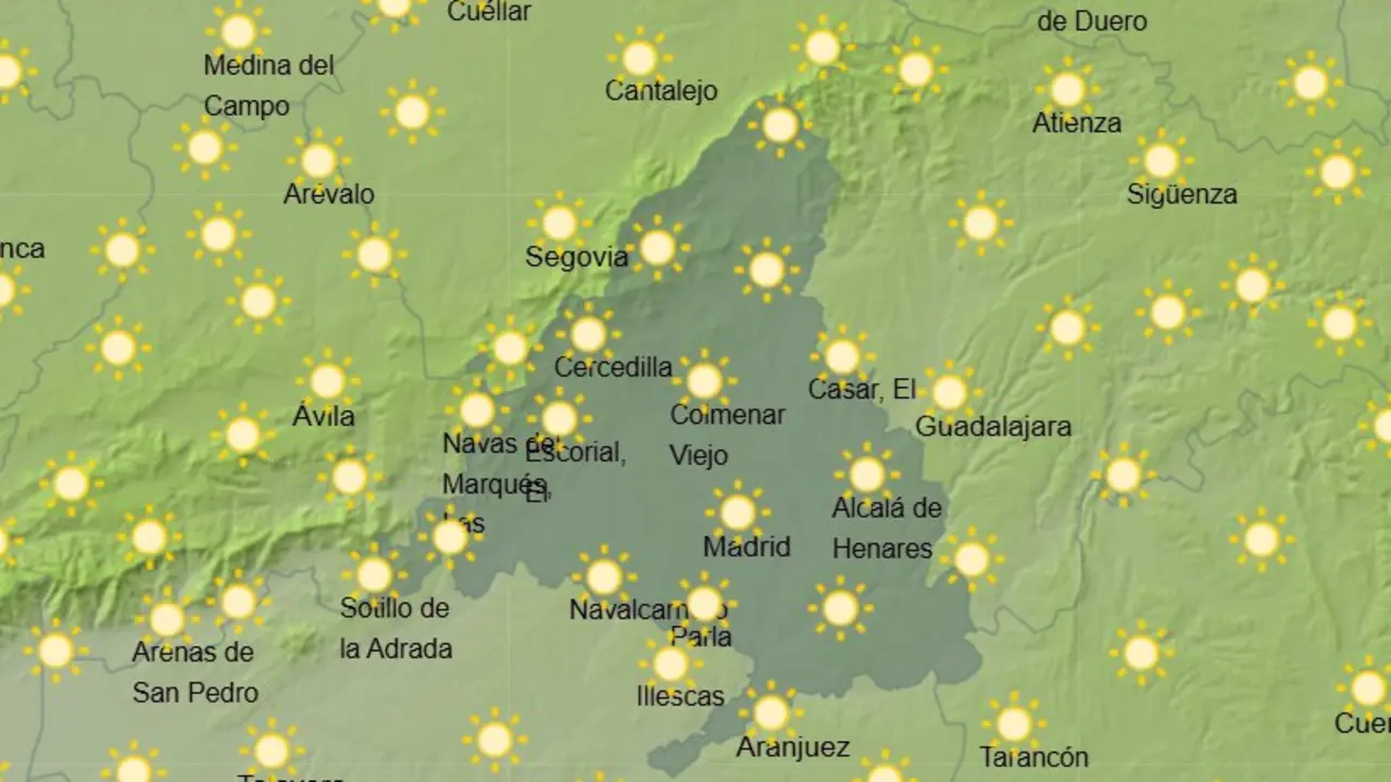 Mapa de la previsi&oacute;n meteorol&oacute;gica en la Comunidad de Madrid a 16 de mayo de 2026. Fuente: AEMET.