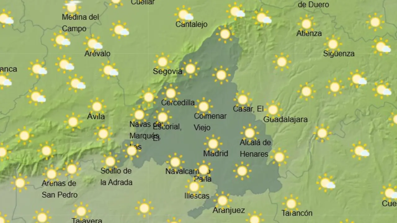 Mapa de la previsi&oacute;n meteorol&oacute;gica en la Comunidad de Madrid a 19 de mayo de 2026. Fuente: AEMET.