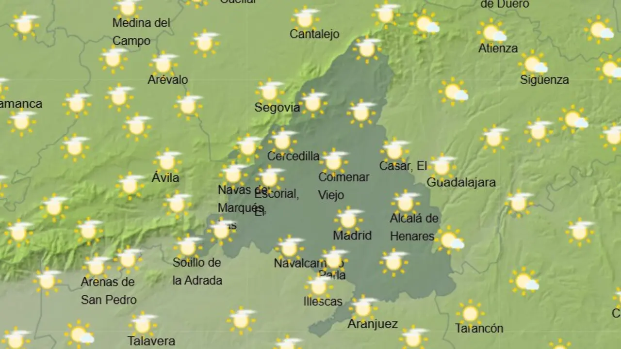 Mapa de la previsi&oacute;n meteorol&oacute;gica en la Comunidad de Madrid a 20 de mayo de 2026. Fuente: AEMET.