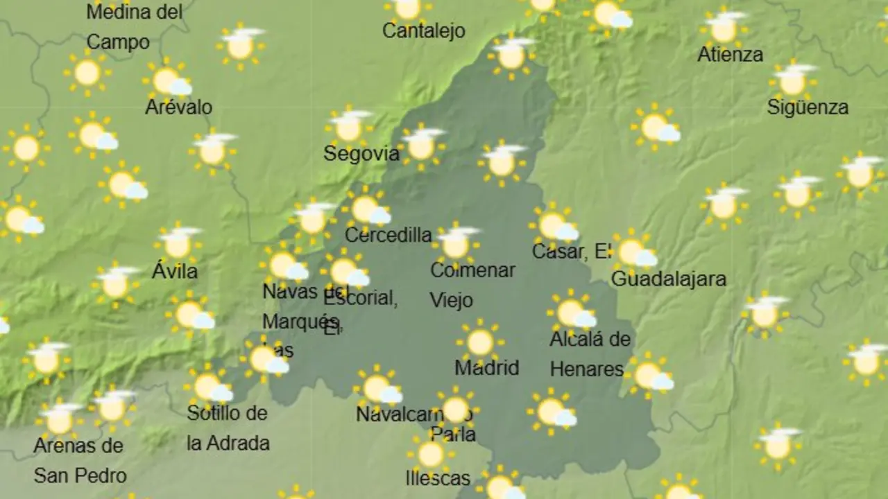 Mapa de la previsi&oacute;n meteorol&oacute;gica en la Comunidad de Madrid a 22 de mayo de 2026. Fuente: AEMET.