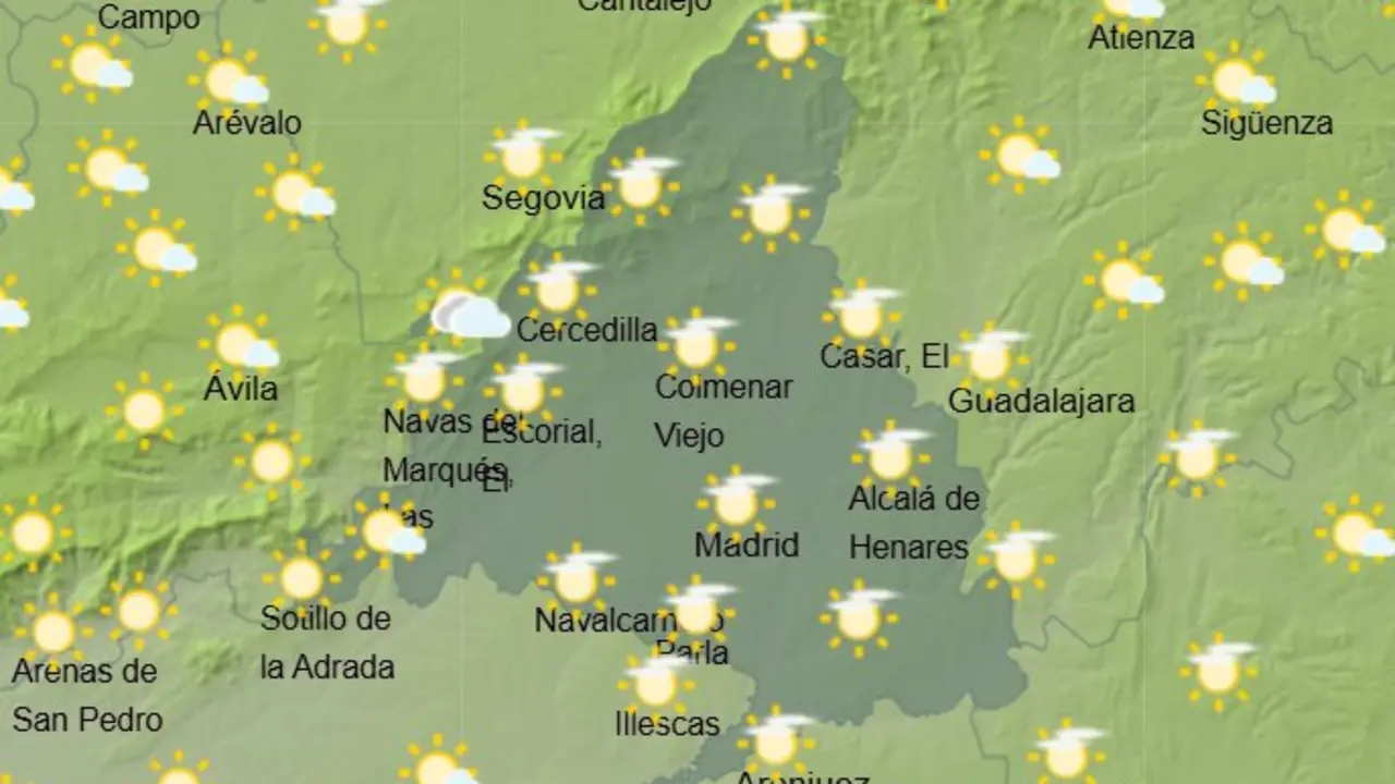 Mapa de la previsi&oacute;n meteorol&oacute;gica en la Comunidad de Madrid a 23 de mayo de 2026. Fuente: AEMET.