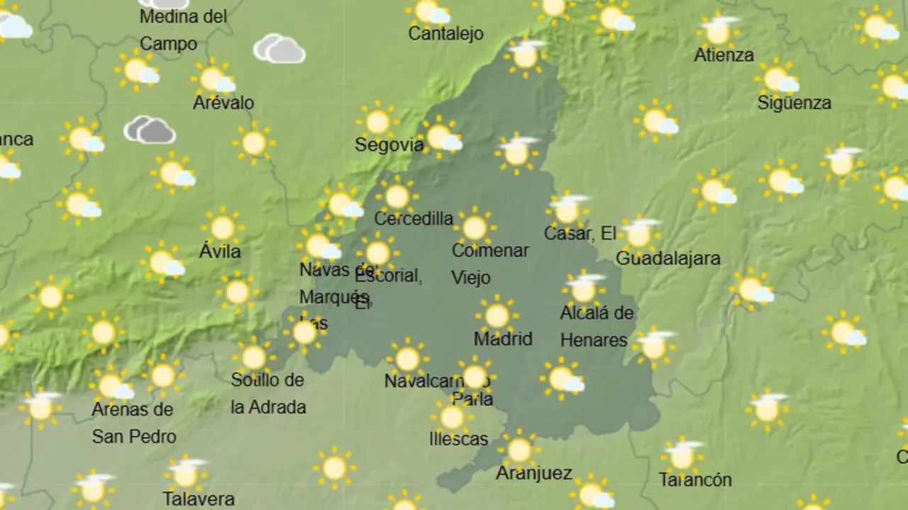 Mapa de la previsi&oacute;n meteorol&oacute;gica en la Comunidad de Madrid a 25 de mayo de 2026. Fuente: AEMET.